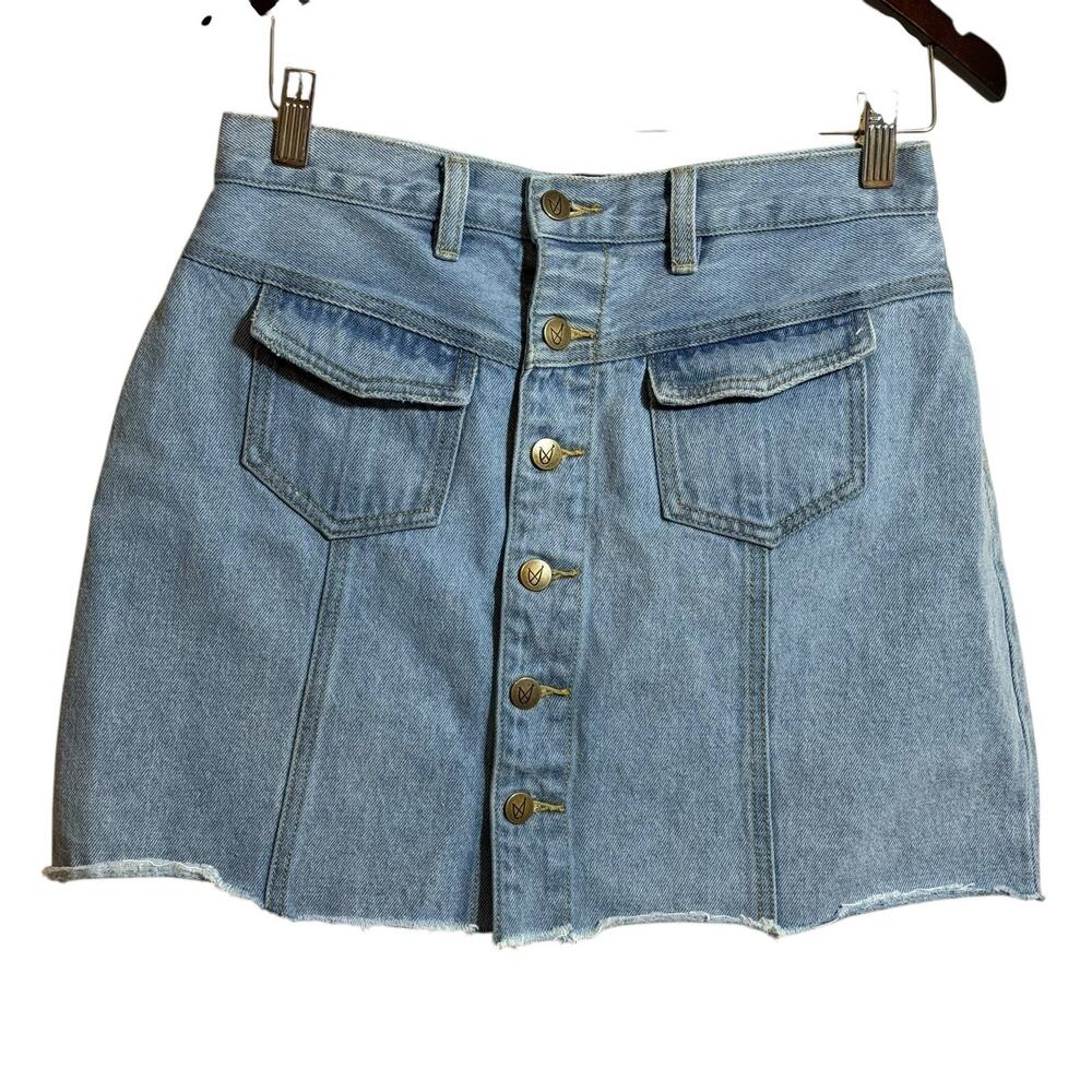 Mink Pink Denim Mini Skirt Button Front Mini Size Medium Light Wash Frayed Hem